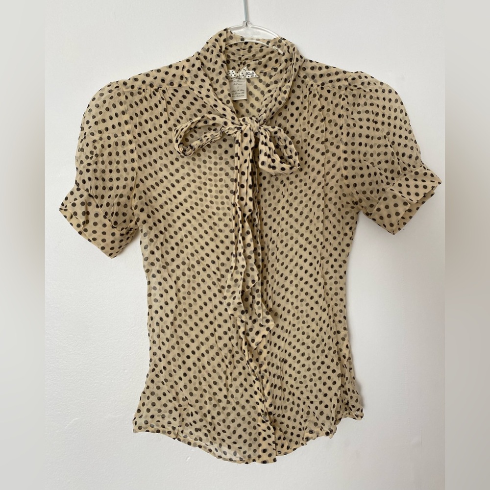 Cream and Black Polka Dot Sheer Neck Tie Blouse